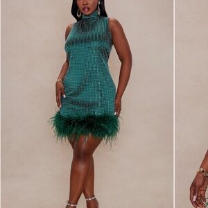 Fashion Nova Luxe Rhinestoned Green Feathered Dress